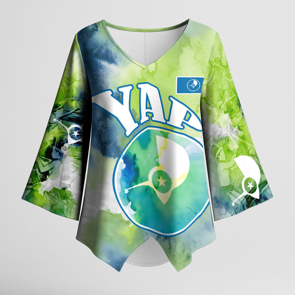Yap Island Heritage Cultural Symbol Kimono Sleeve Blouse Micronesian Flag Stone Money Watercolor Abstract Art Design