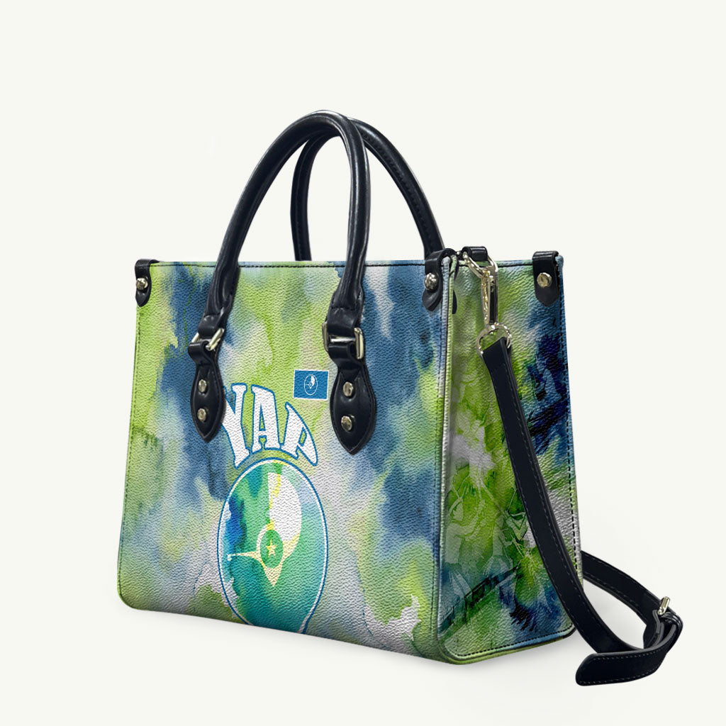 Yap Island Heritage Cultural Symbol Leather Bag Micronesian Flag Stone Money Watercolor Abstract Art Design