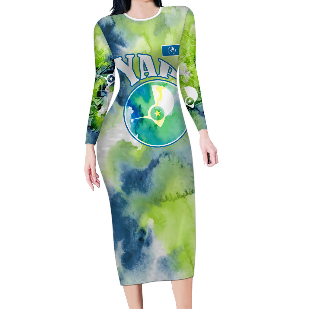 Yap Island Heritage Cultural Symbol Long Sleeve Bodycon Dress Micronesian Flag Stone Money Watercolor Abstract Art Design