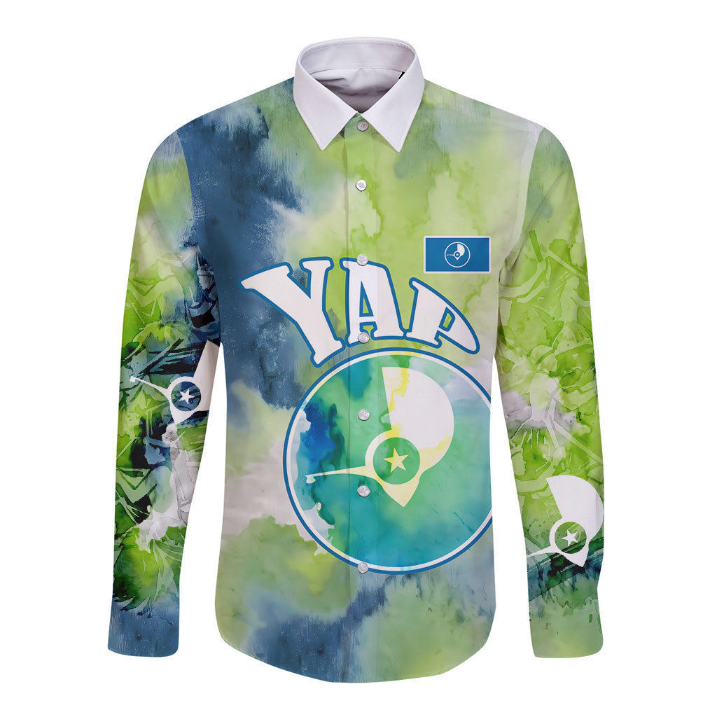 Yap Island Heritage Cultural Symbol Long Sleeve Button Shirt Micronesian Flag Stone Money Watercolor Abstract Art Design