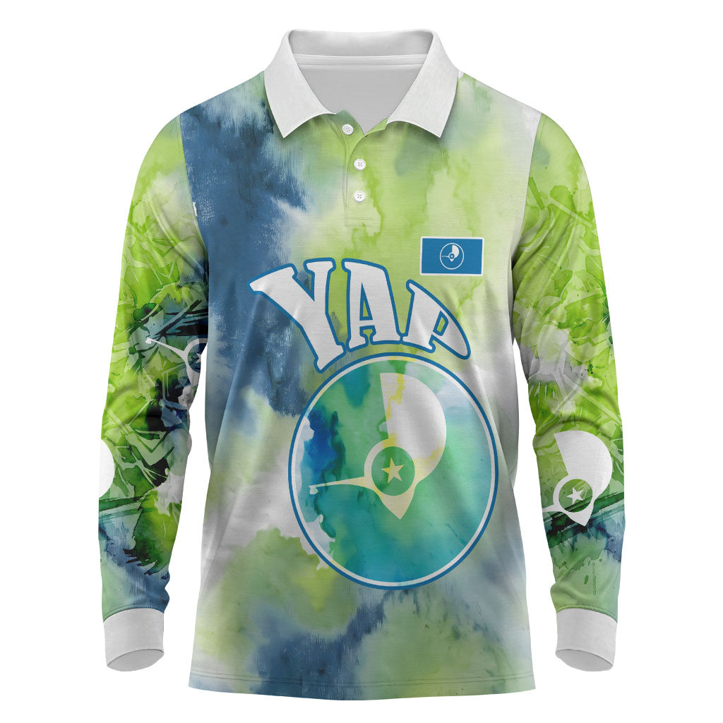 Yap Island Heritage Cultural Symbol Long Sleeve Polo Shirt Micronesian Flag Stone Money Watercolor Abstract Art Design