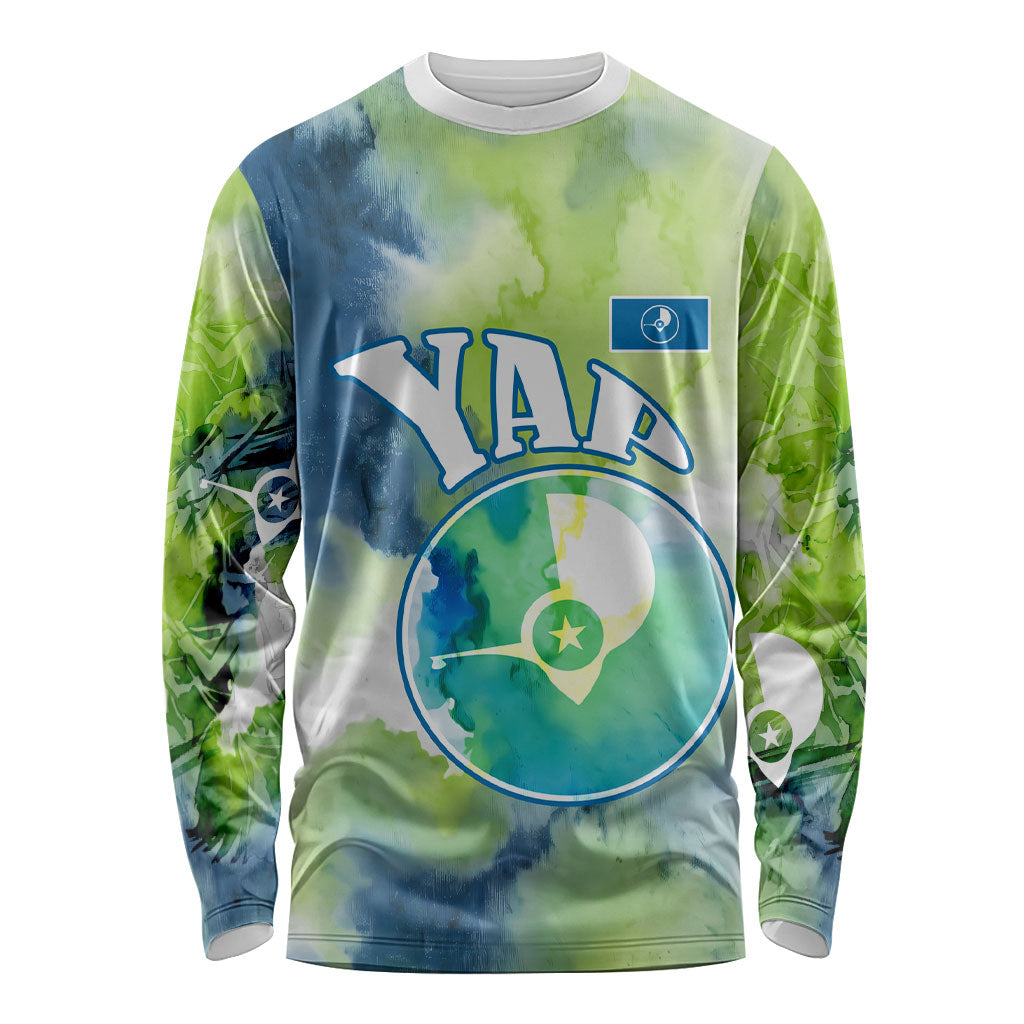 Yap Island Heritage Cultural Symbol Long Sleeve Shirt Micronesian Flag Stone Money Watercolor Abstract Art Design