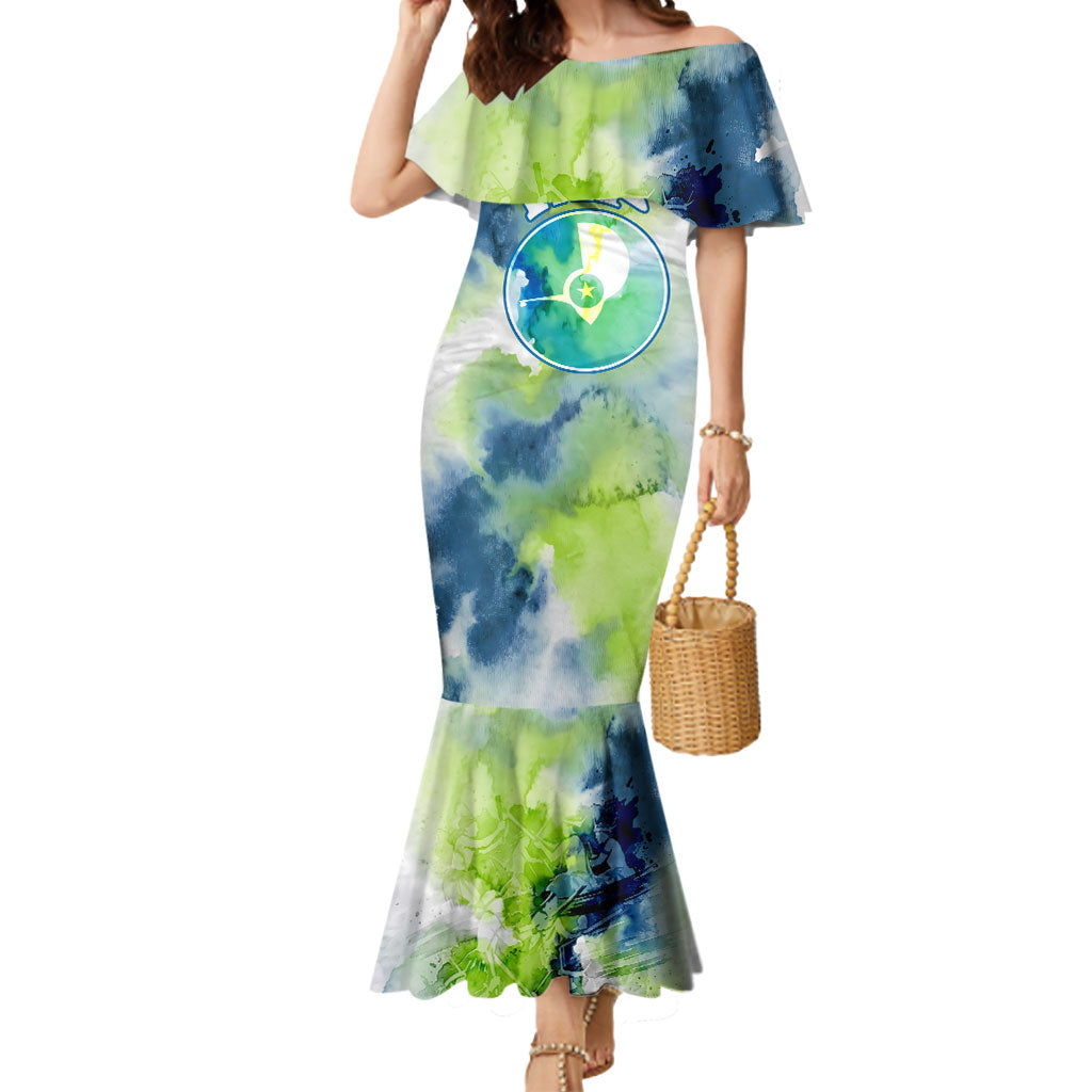 Yap Island Heritage Cultural Symbol Mermaid Dress Micronesian Flag Stone Money Watercolor Abstract Art Design