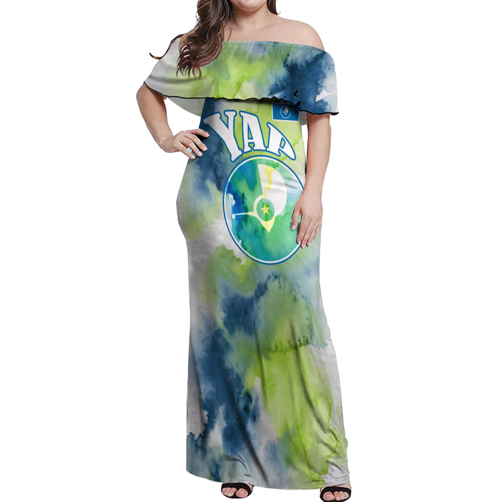 Yap Island Heritage Cultural Symbol Off Shoulder Maxi Dress Micronesian Flag Stone Money Watercolor Abstract Art Design