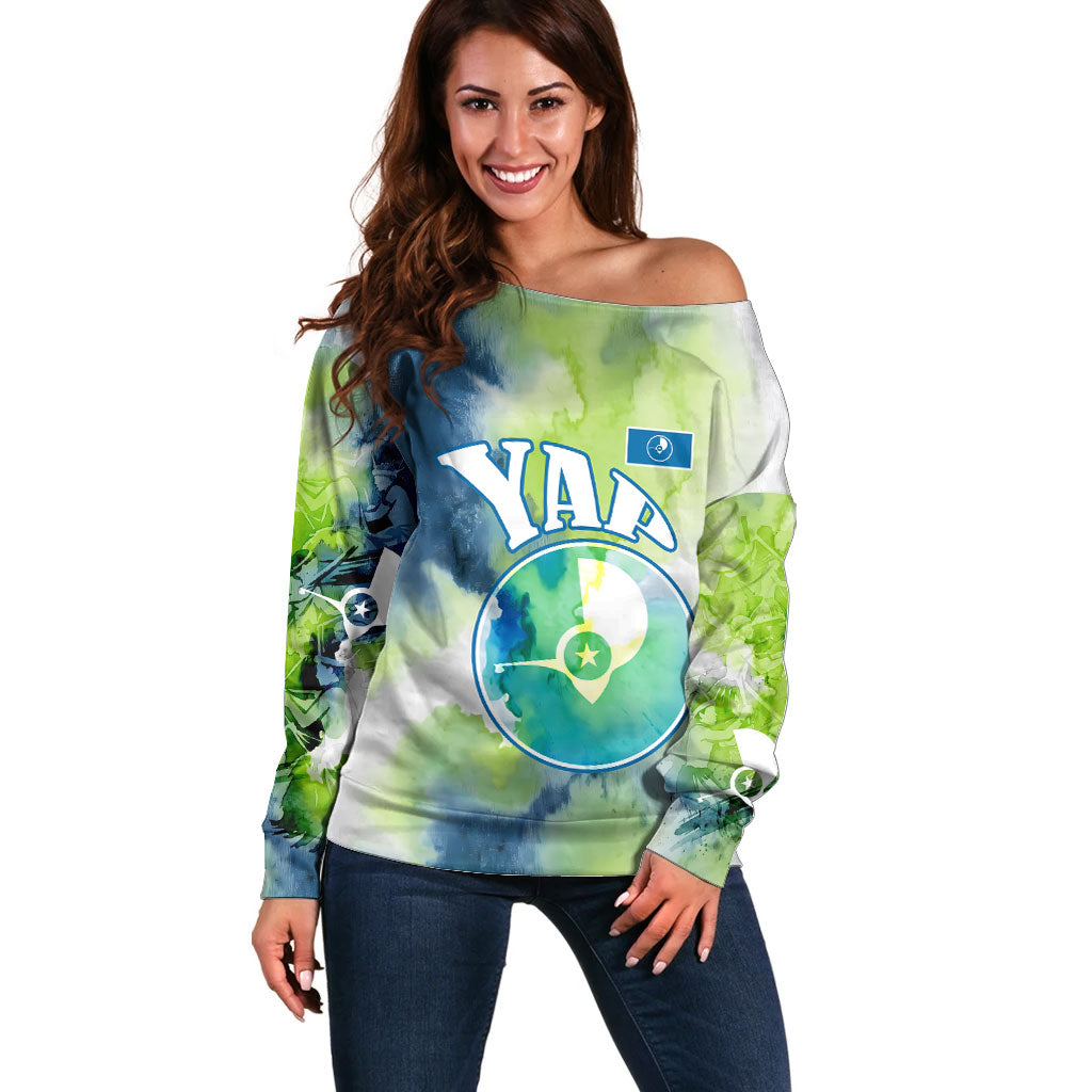 Yap Island Heritage Cultural Symbol Off Shoulder Sweater Micronesian Flag Stone Money Watercolor Abstract Art Design