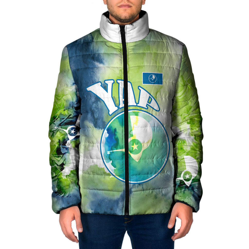 Yap Island Heritage Cultural Symbol Padded Jacket Micronesian Flag Stone Money Watercolor Abstract Art Design