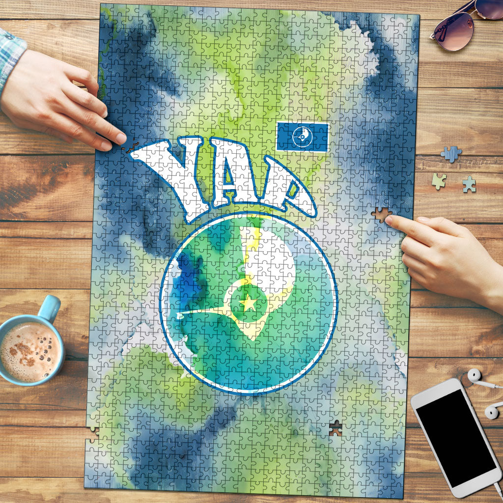 Yap Island Heritage Cultural Symbol Puzzle Micronesian Flag Stone Money Watercolor Abstract Art Design