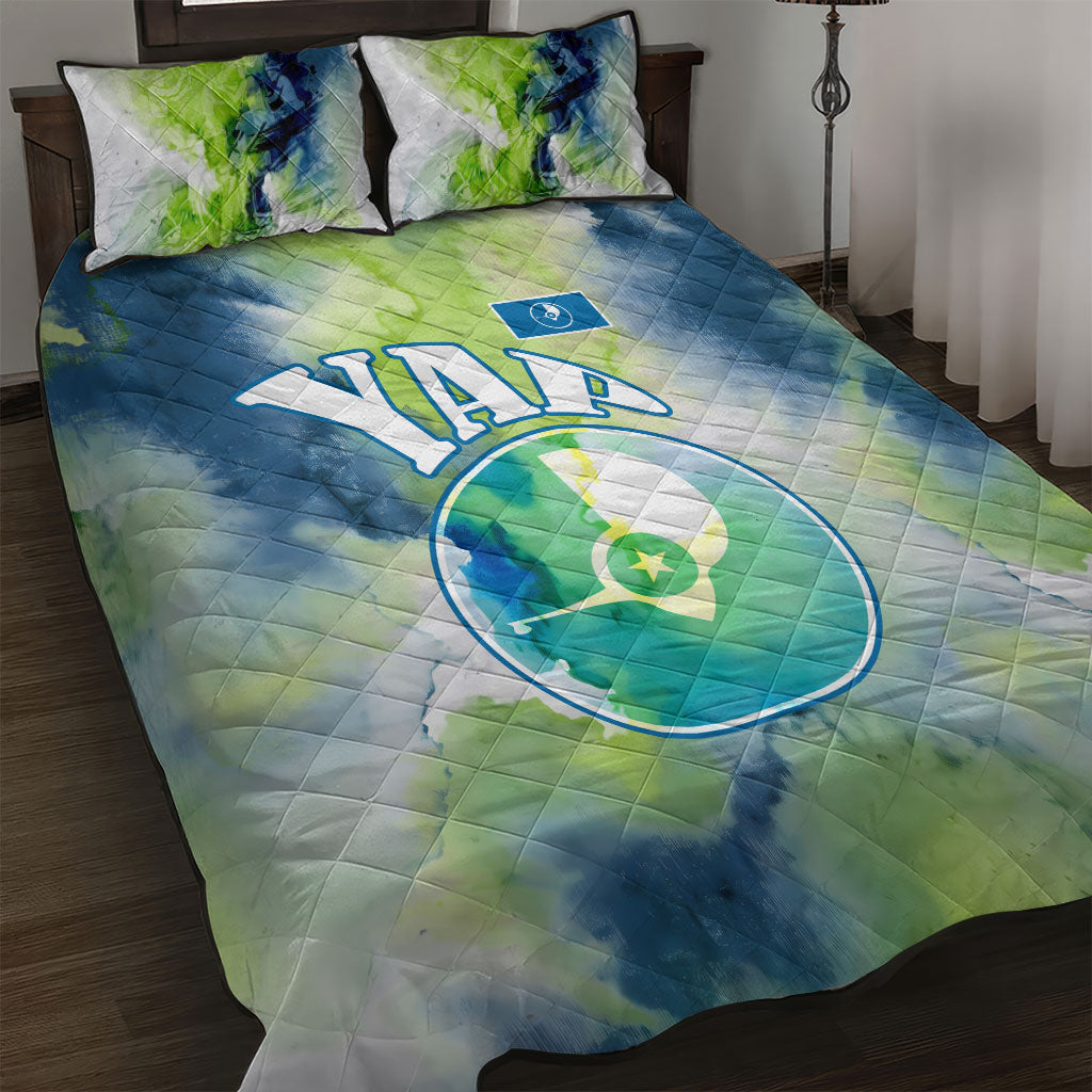 Yap Island Heritage Cultural Symbol Quilt Bed Set Micronesian Flag Stone Money Watercolor Abstract Art Design