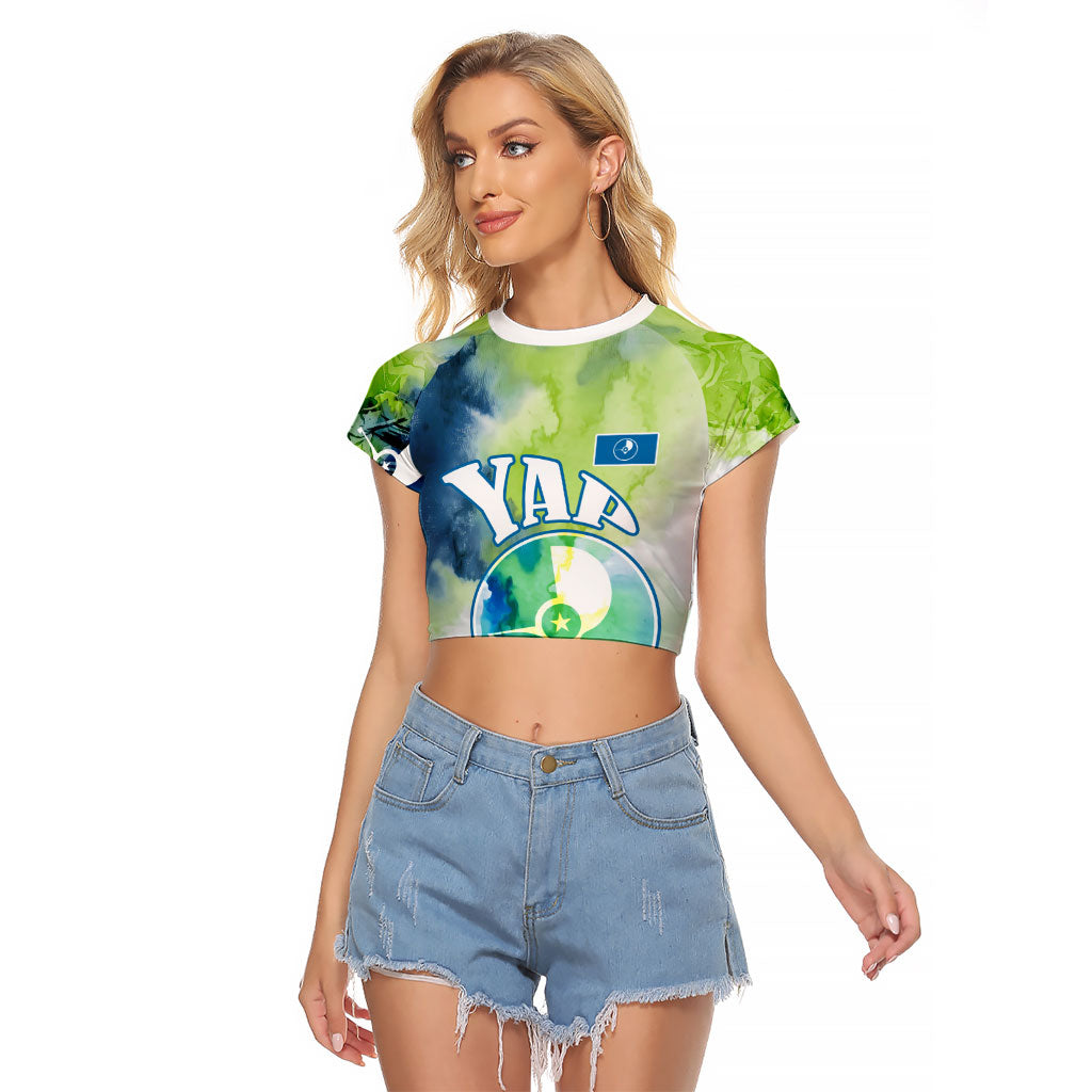 Yap Island Heritage Cultural Symbol Raglan Cropped T Shirt Micronesian Flag Stone Money Watercolor Abstract Art Design