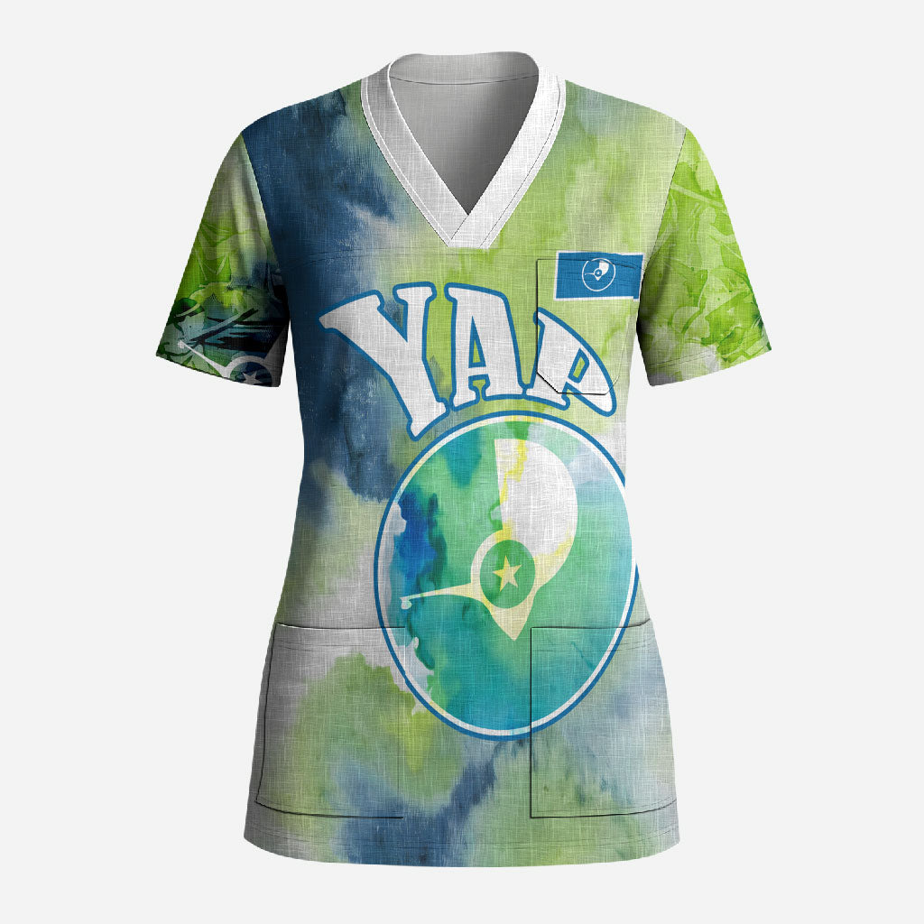 Yap Island Heritage Cultural Symbol Scrub Top Micronesian Flag Stone Money Watercolor Abstract Art Design
