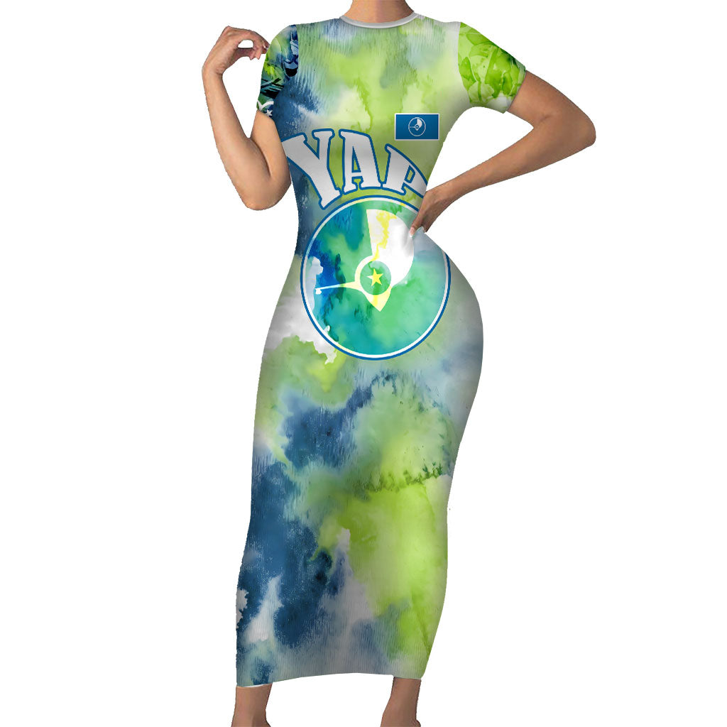 Yap Island Heritage Cultural Symbol Short Sleeve Bodycon Dress Micronesian Flag Stone Money Watercolor Abstract Art Design