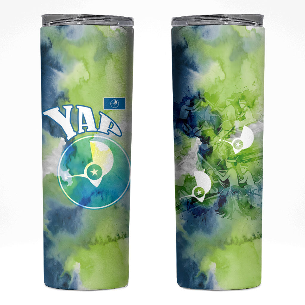 Yap Island Heritage Cultural Symbol Skinny Tumbler Micronesian Flag Stone Money Watercolor Abstract Art Design