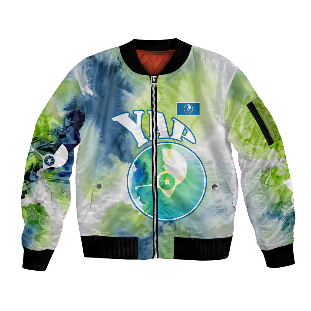Yap Island Heritage Cultural Symbol Sleeve Zip Bomber Jacket Micronesian Flag Stone Money Watercolor Abstract Art Design