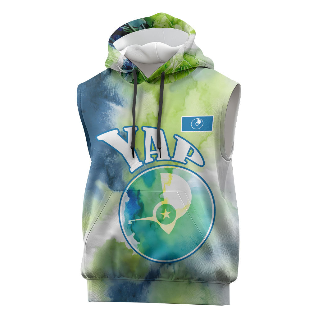 Yap Island Heritage Cultural Symbol Sleeveless Hoodie Micronesian Flag Stone Money Watercolor Abstract Art Design