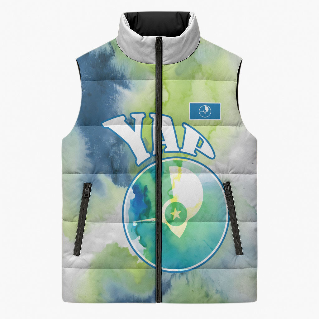 Yap Island Heritage Cultural Symbol Sleeveless Puffer Jacket Micronesian Flag Stone Money Watercolor Abstract Art Design
