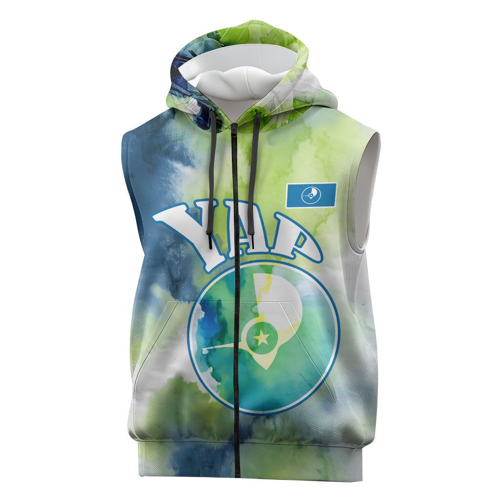 Yap Island Heritage Cultural Symbol Sleeveless Zip Hoodie Micronesian Flag Stone Money Watercolor Abstract Art Design