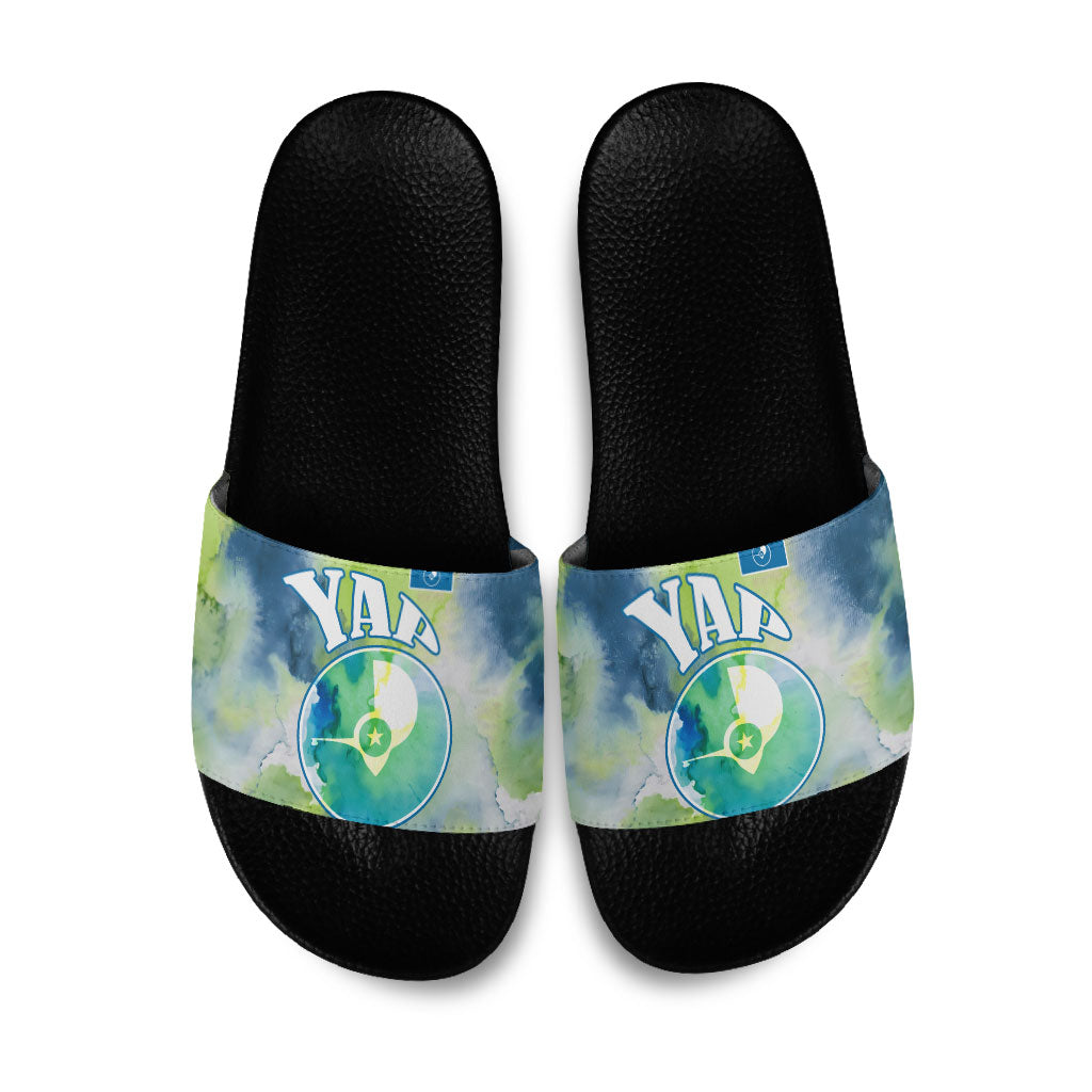 Yap Island Heritage Cultural Symbol Slide Sandals Micronesian Flag Stone Money Watercolor Abstract Art Design