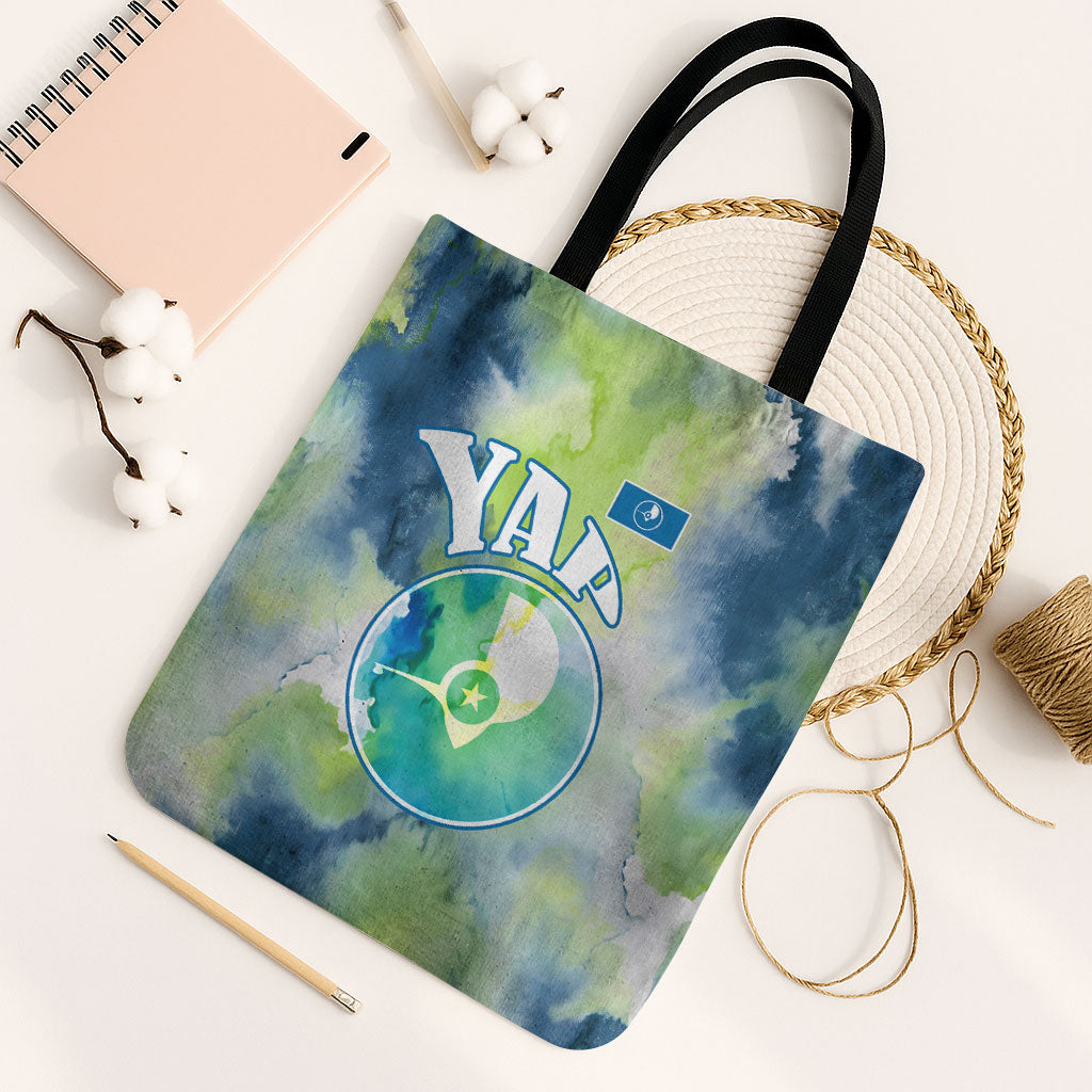 Yap Island Heritage Cultural Symbol Tote Bag Micronesian Flag Stone Money Watercolor Abstract Art Design
