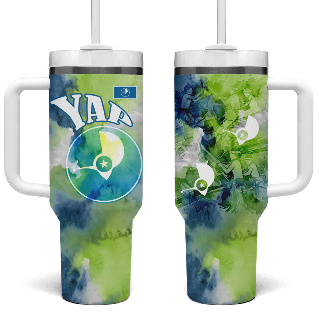Yap Island Heritage Cultural Symbol Tumbler With Handle Micronesian Flag Stone Money Watercolor Abstract Art Design