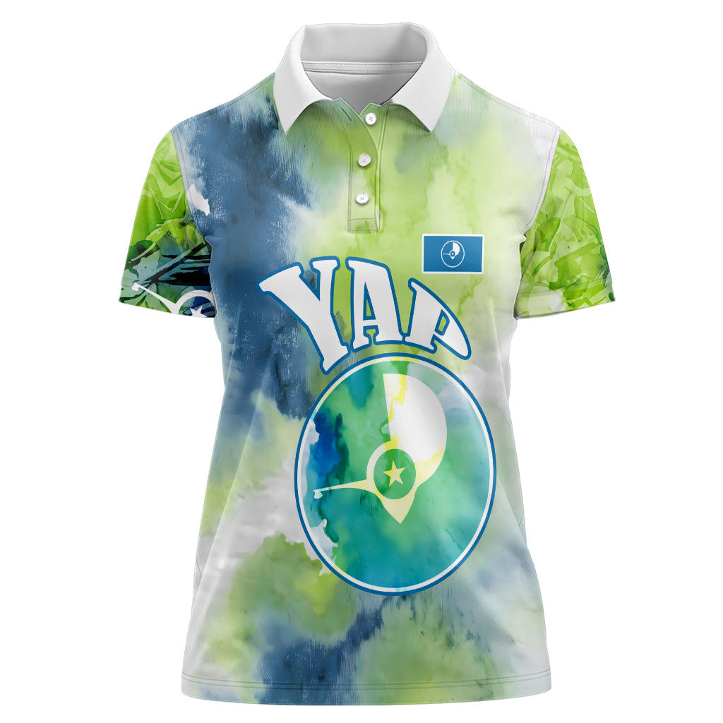 Yap Island Heritage Cultural Symbol Women Polo Shirt Micronesian Flag Stone Money Watercolor Abstract Art Design