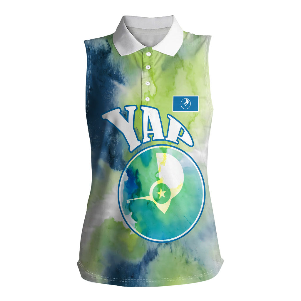Yap Island Heritage Cultural Symbol Women Sleeveless Polo Shirt Micronesian Flag Stone Money Watercolor Abstract Art Design