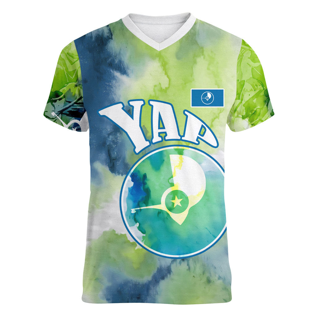Yap Island Heritage Cultural Symbol Women V-Neck T-Shirt Micronesian Flag Stone Money Watercolor Abstract Art Design