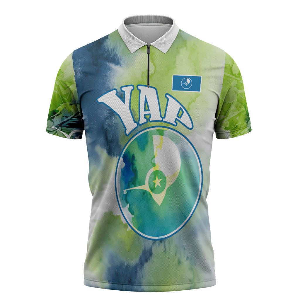 Yap Island Heritage Cultural Symbol Zipper Polo Shirt Micronesian Flag Stone Money Watercolor Abstract Art Design