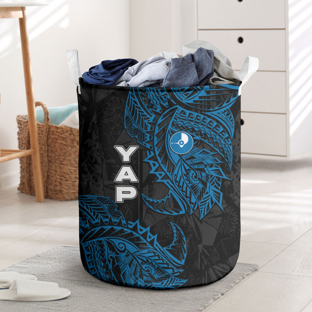 Yap Island Tribal Heritage Laundry Basket Micronesian Polynesian Tattoo Pattern Blue Black Cultural Art