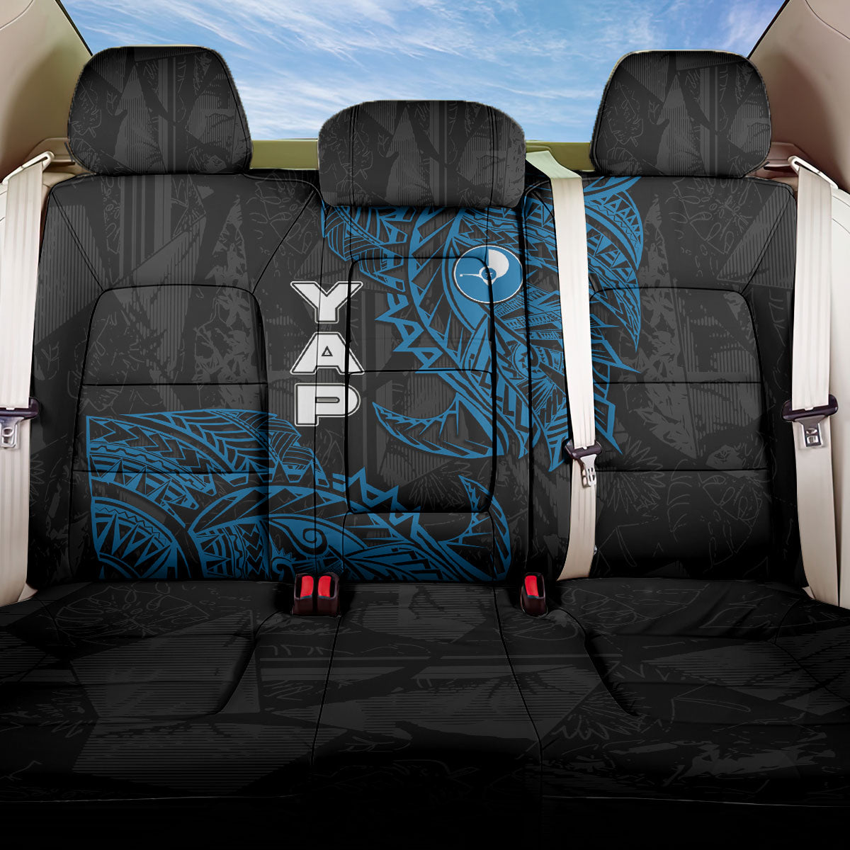 Yap Island Tribal Heritage Back Car Seat Cover Micronesian Polynesian Tattoo Pattern Blue Black Cultural Art