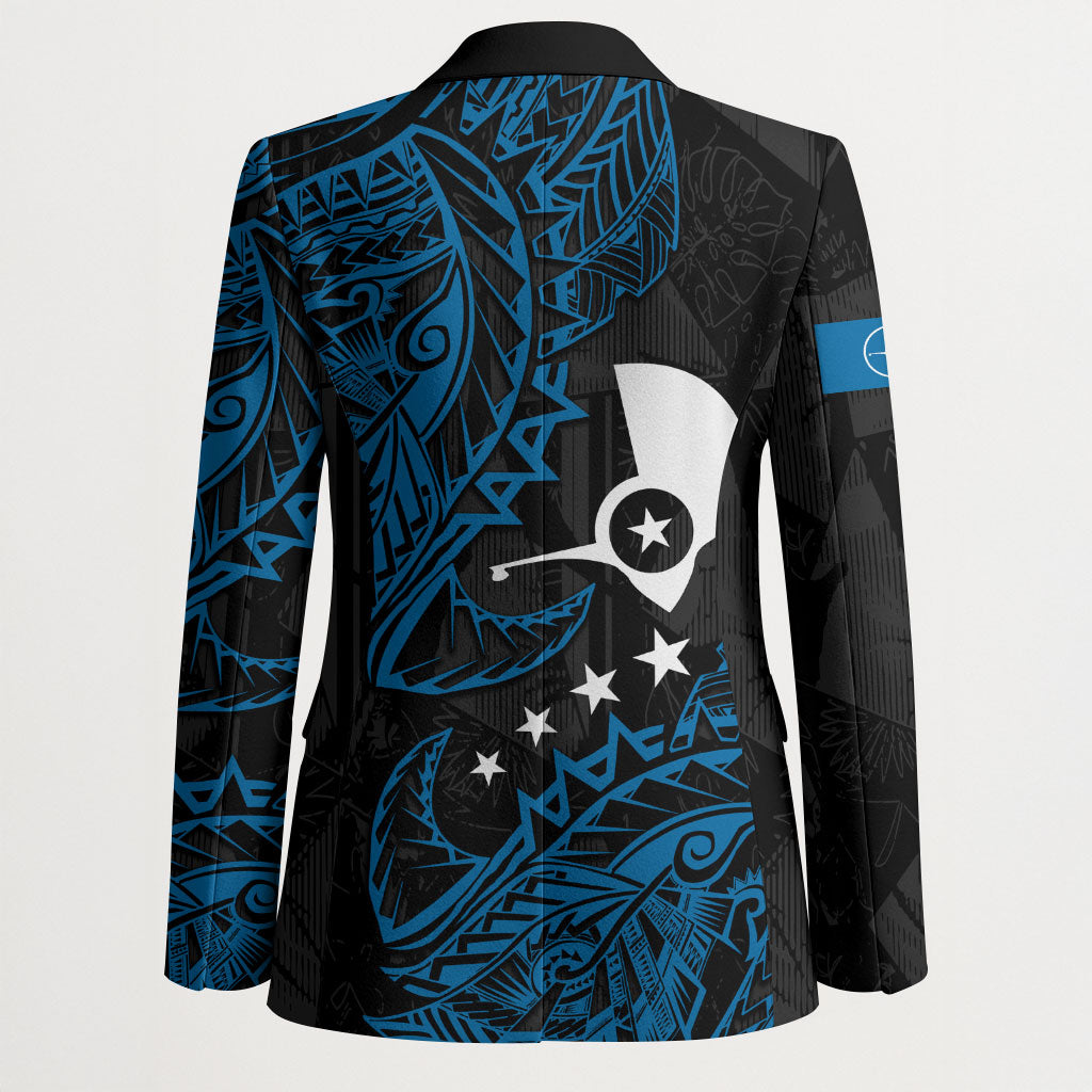 Yap Island Tribal Heritage Blazer Micronesian Polynesian Tattoo Pattern Blue Black Cultural Art