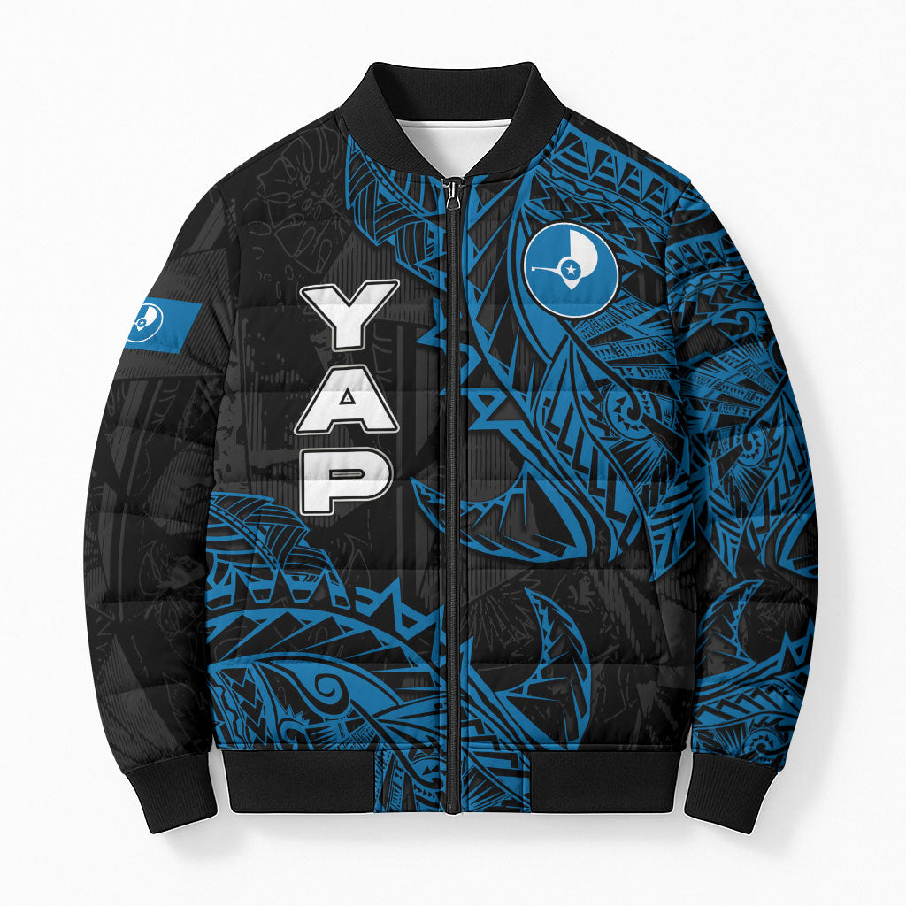 Yap Island Tribal Heritage Bomber Puffer Jacket Micronesian Polynesian Tattoo Pattern Blue Black Cultural Art