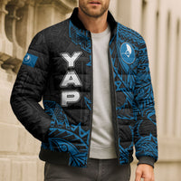 Yap Island Tribal Heritage Bomber Puffer Jacket Micronesian Polynesian Tattoo Pattern Blue Black Cultural Art