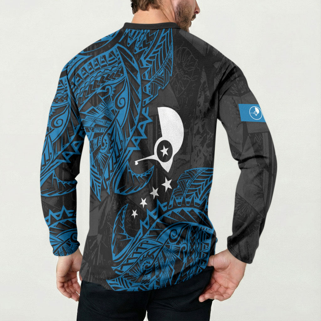 Yap Island Tribal Heritage Button Sweatshirt Micronesian Polynesian Tattoo Pattern Blue Black Cultural Art