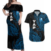 Yap Island Tribal Heritage Couples Matching Off Shoulder Maxi Dress and Hawaiian Shirt Micronesian Polynesian Tattoo Pattern Blue Black Cultural Art