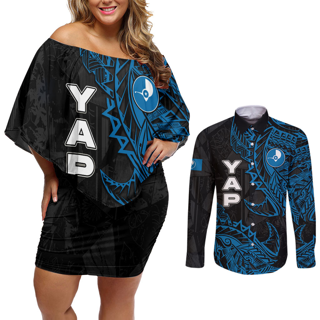 Yap Island Tribal Heritage Couples Matching Off Shoulder Short Dress and Long Sleeve Button Shirt Micronesian Polynesian Tattoo Pattern Blue Black Cultural Art