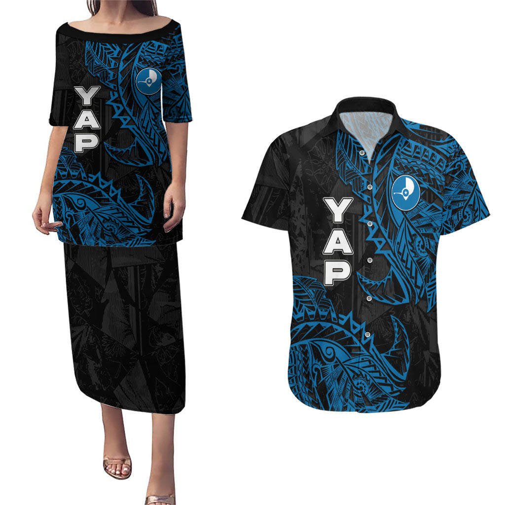 Yap Island Tribal Heritage Couples Matching Puletasi and Hawaiian Shirt Micronesian Polynesian Tattoo Pattern Blue Black Cultural Art