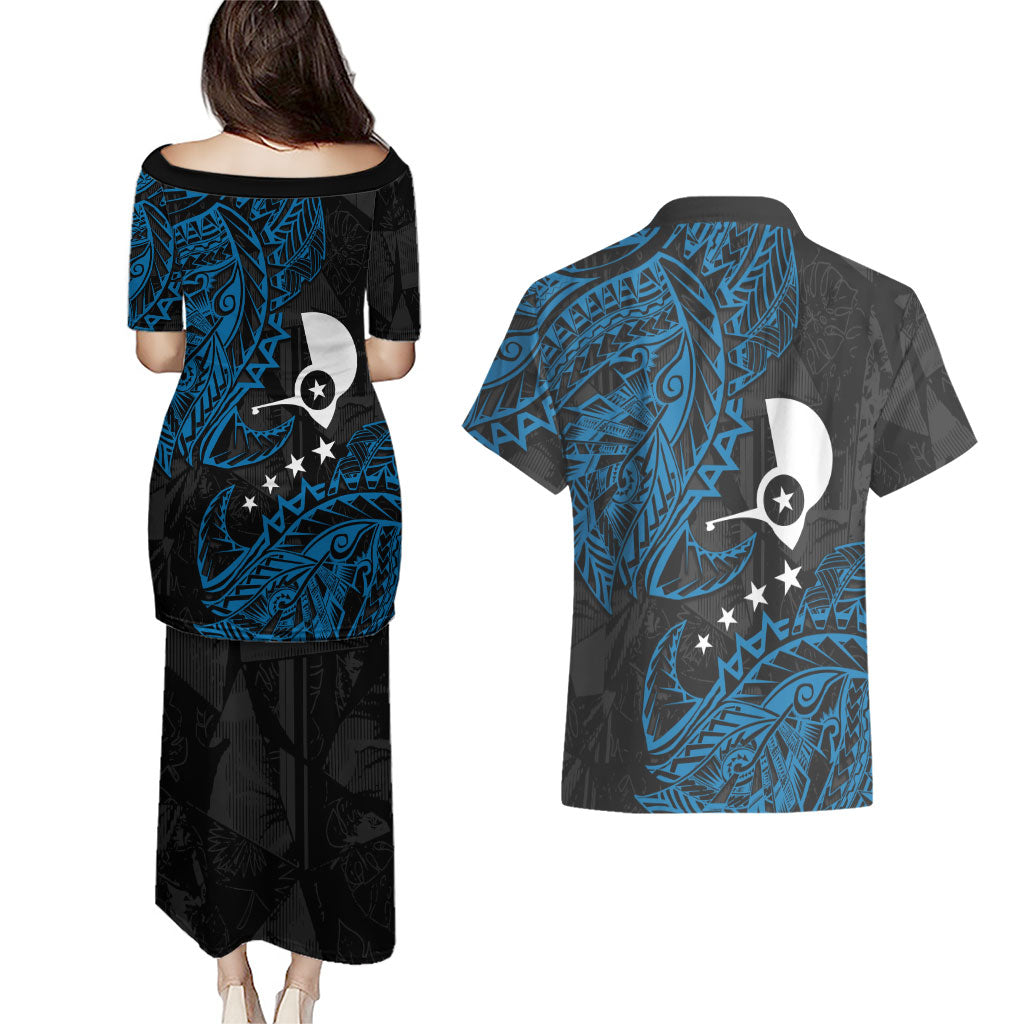 Yap Island Tribal Heritage Couples Matching Puletasi and Hawaiian Shirt Micronesian Polynesian Tattoo Pattern Blue Black Cultural Art