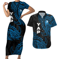 Yap Island Tribal Heritage Couples Matching Short Sleeve Bodycon Dress and Hawaiian Shirt Micronesian Polynesian Tattoo Pattern Blue Black Cultural Art