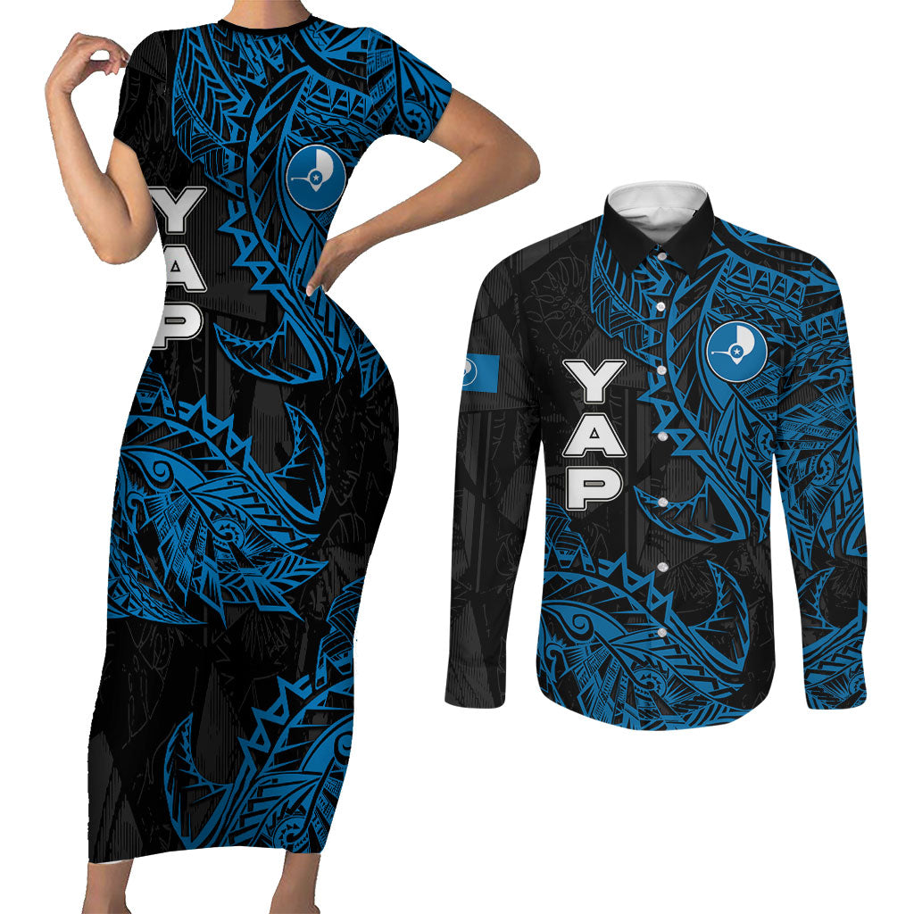 Yap Island Tribal Heritage Couples Matching Short Sleeve Bodycon Dress and Long Sleeve Button Shirt Micronesian Polynesian Tattoo Pattern Blue Black Cultural Art