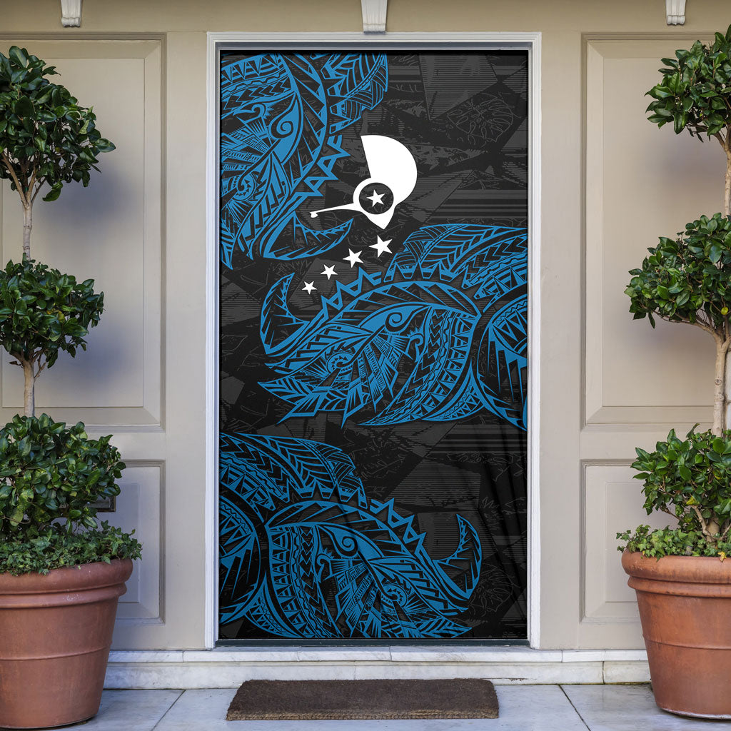 Yap Island Tribal Heritage Door Cover Micronesian Polynesian Tattoo Pattern Blue Black Cultural Art