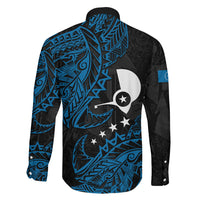 Yap Island Tribal Heritage Family Matching Long Sleeve Bodycon Dress and Hawaiian Shirt Micronesian Polynesian Tattoo Pattern Blue Black Cultural Art