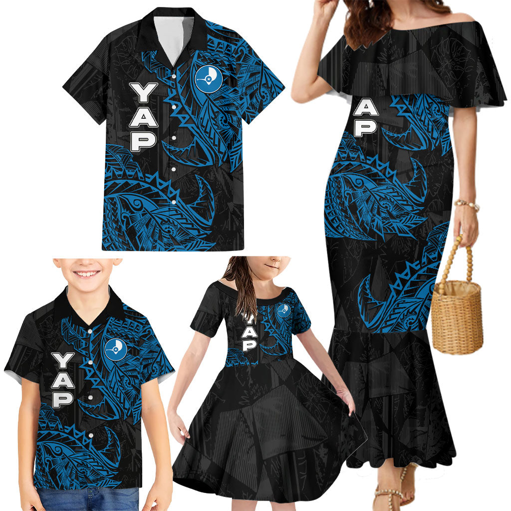Yap Island Tribal Heritage Family Matching Mermaid Dress and Hawaiian Shirt Micronesian Polynesian Tattoo Pattern Blue Black Cultural Art