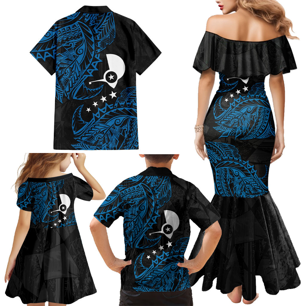 Yap Island Tribal Heritage Family Matching Mermaid Dress and Hawaiian Shirt Micronesian Polynesian Tattoo Pattern Blue Black Cultural Art