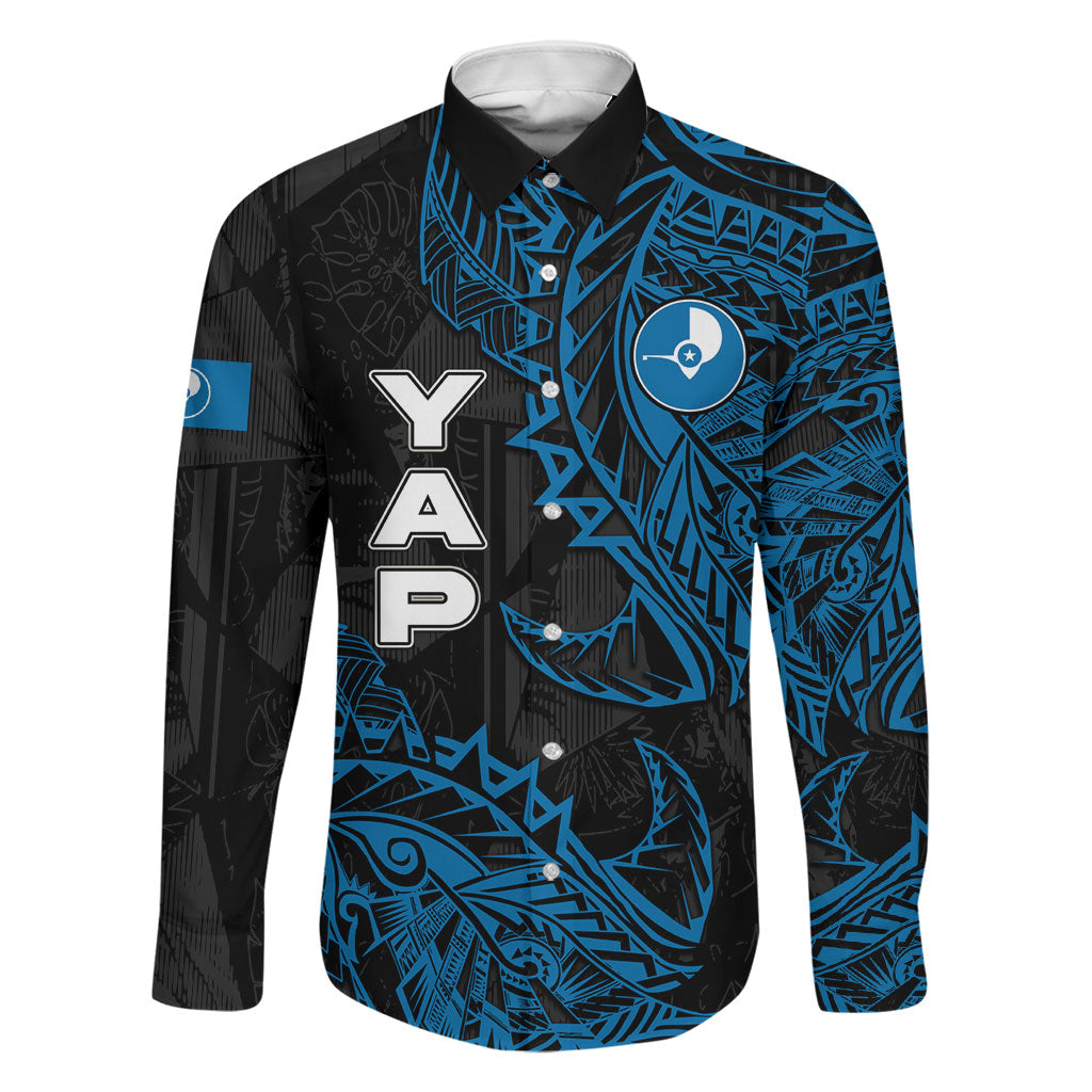Yap Island Tribal Heritage Family Matching Off The Shoulder Long Sleeve Dress and Hawaiian Shirt Micronesian Polynesian Tattoo Pattern Blue Black Cultural Art