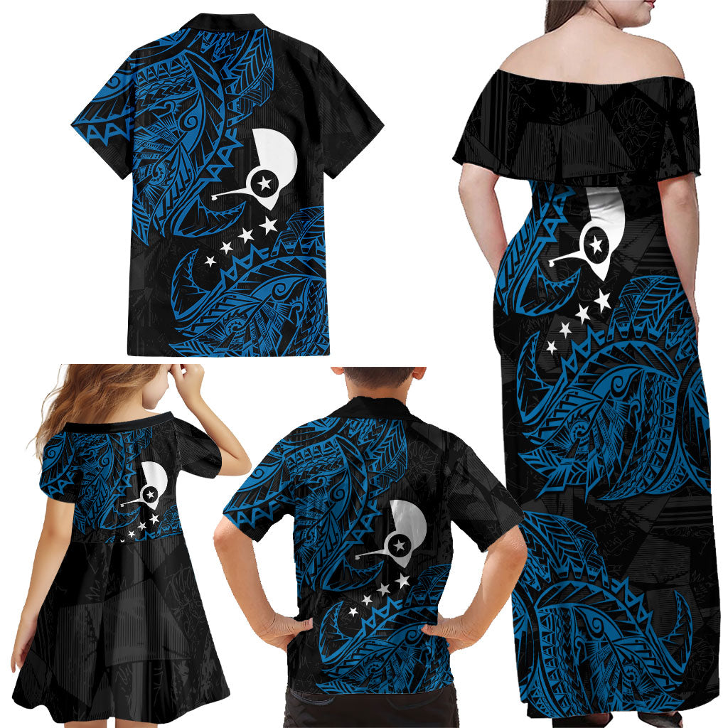Yap Island Tribal Heritage Family Matching Off Shoulder Maxi Dress and Hawaiian Shirt Micronesian Polynesian Tattoo Pattern Blue Black Cultural Art TS04 - Polynesian Pride