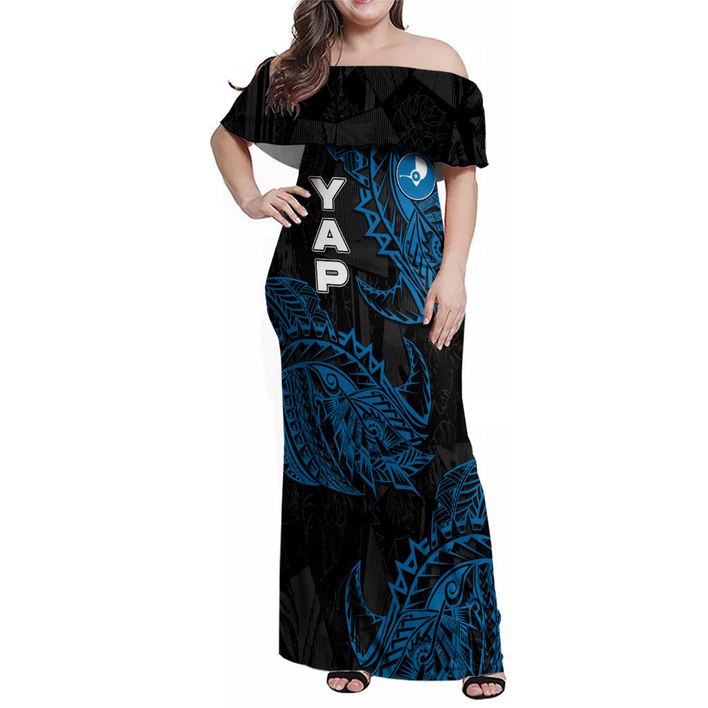 Yap Island Tribal Heritage Family Matching Off Shoulder Maxi Dress and Hawaiian Shirt Micronesian Polynesian Tattoo Pattern Blue Black Cultural Art TS04 Mom's Dress Black Blue - Polynesian Pride