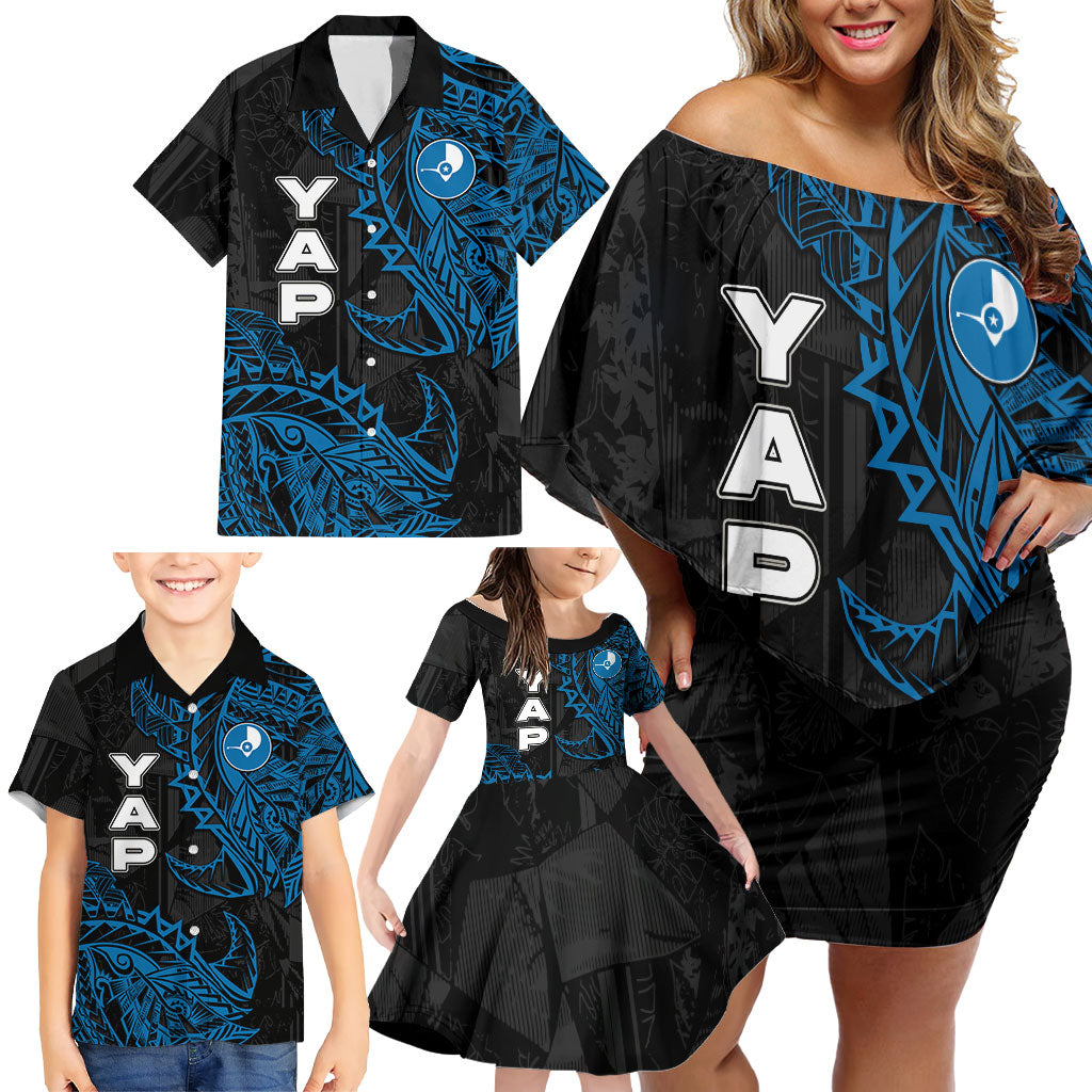 Yap Island Tribal Heritage Family Matching Off Shoulder Short Dress and Hawaiian Shirt Micronesian Polynesian Tattoo Pattern Blue Black Cultural Art TS04 - Polynesian Pride