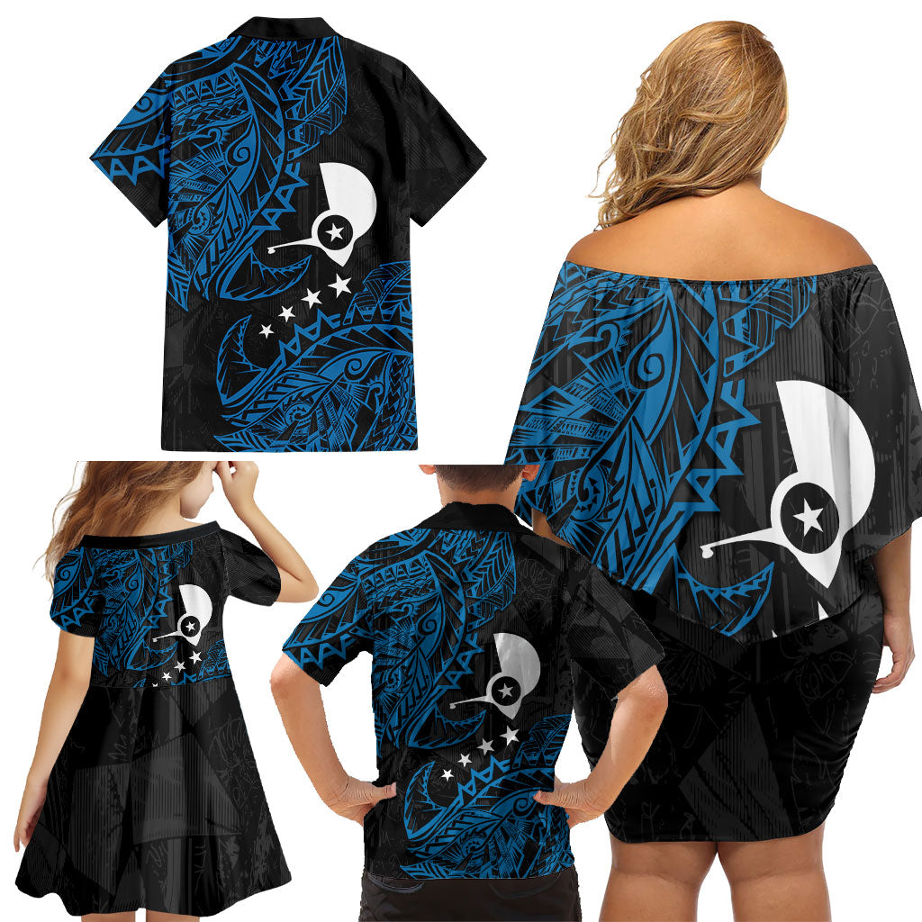 Yap Island Tribal Heritage Family Matching Off Shoulder Short Dress and Hawaiian Shirt Micronesian Polynesian Tattoo Pattern Blue Black Cultural Art TS04 - Polynesian Pride