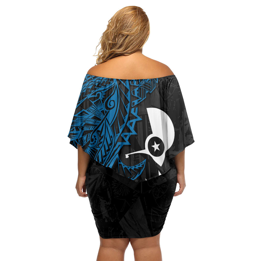 Yap Island Tribal Heritage Family Matching Off Shoulder Short Dress and Hawaiian Shirt Micronesian Polynesian Tattoo Pattern Blue Black Cultural Art TS04 - Polynesian Pride