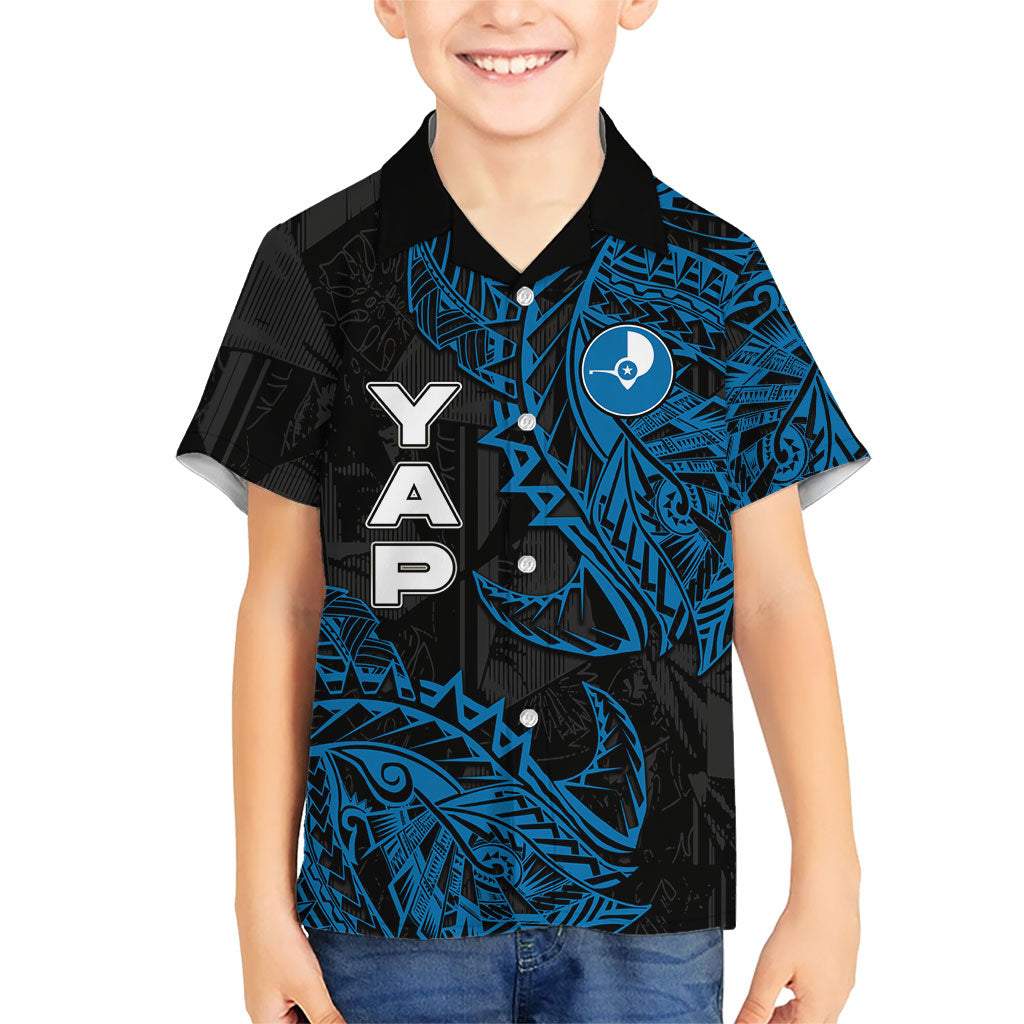 Yap Island Tribal Heritage Family Matching Off Shoulder Short Dress and Hawaiian Shirt Micronesian Polynesian Tattoo Pattern Blue Black Cultural Art TS04 Son's Shirt Black Blue - Polynesian Pride